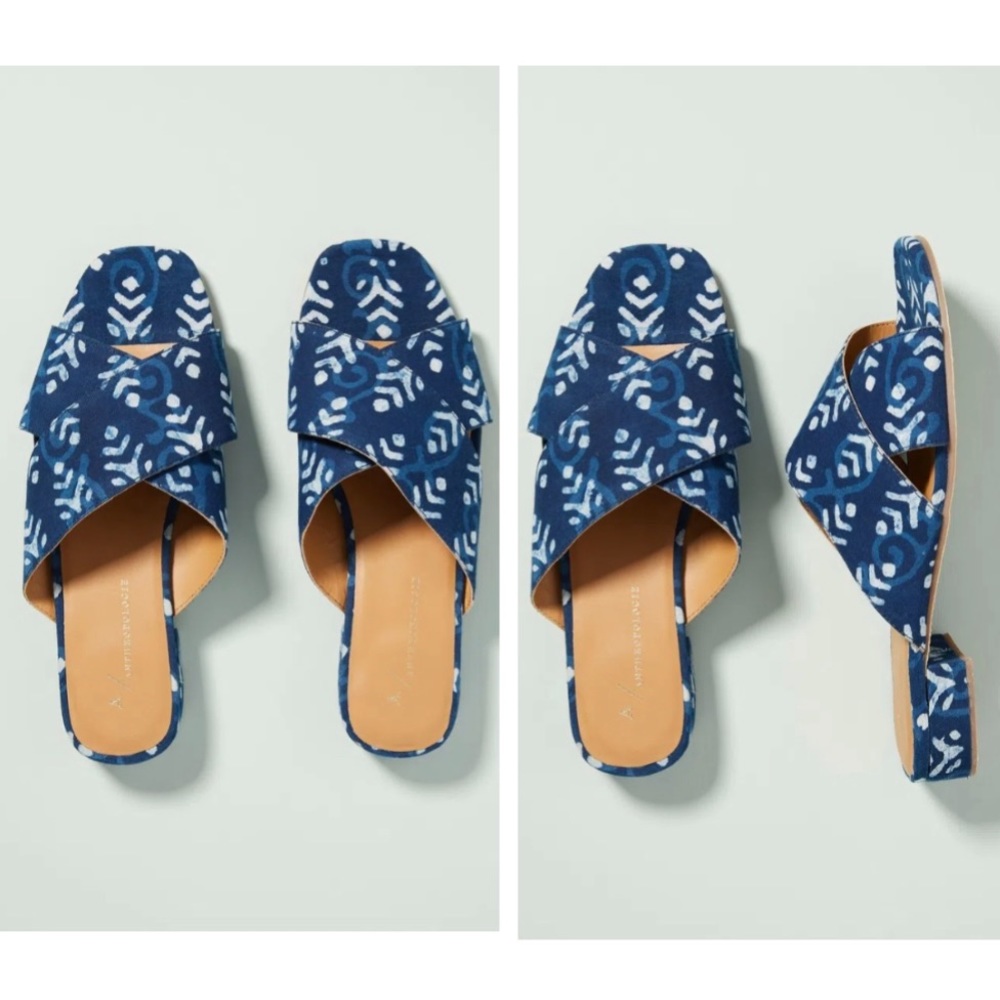 Anthropologie Criss Cross Slide Sandals Blue Print Size 38 mules